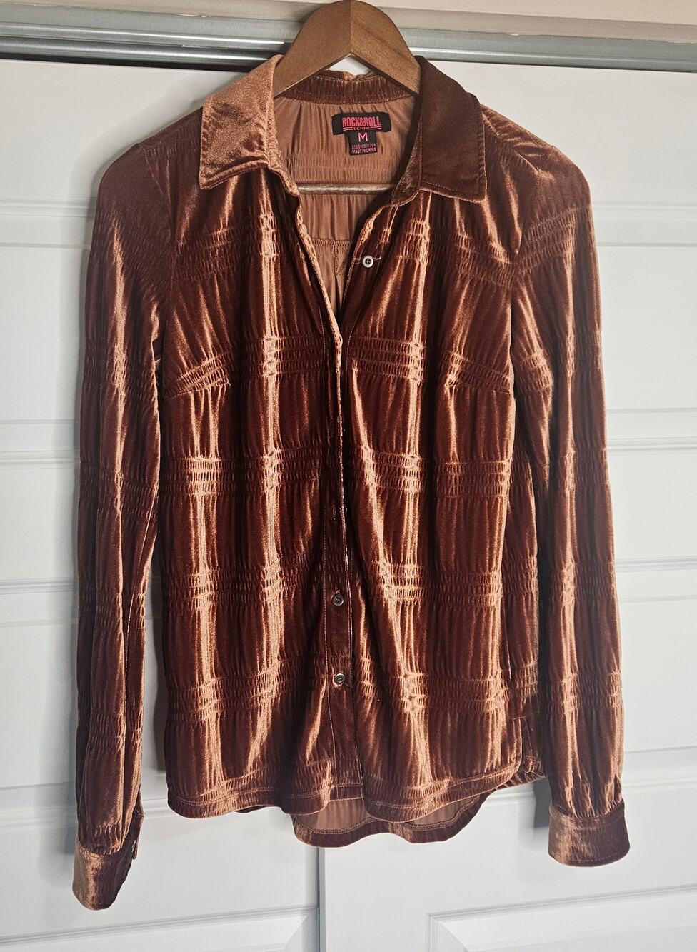 Textured Velvet Ruched Button Down Shirt Copper Bronze Rust Sz M